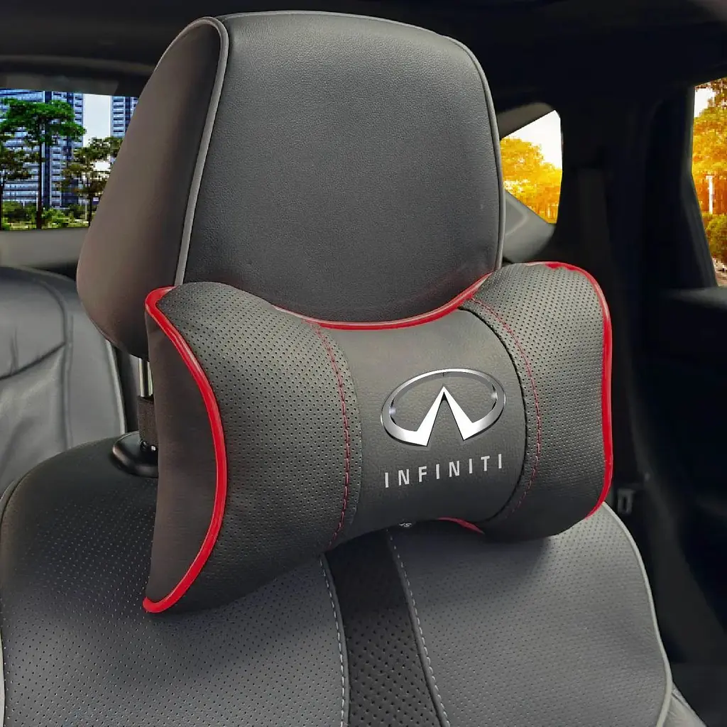 Подушка на підголівник з логотипом Infiniti Екошкіра 3D Кольоровий лого Чорна-Червоний кант 1 шт