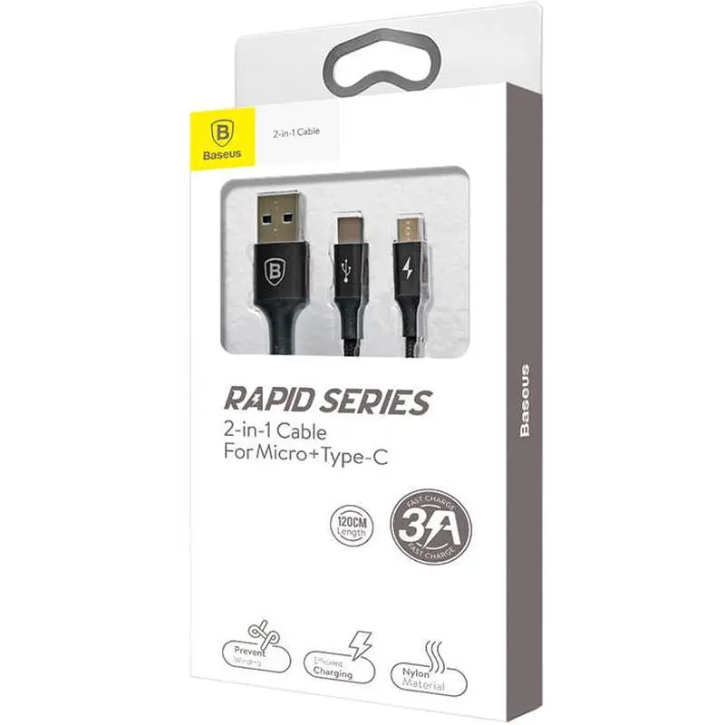Кабель Baseus Rapid 2 in 1 Cable USB to MicroUSB/Type-C 3A 1.2m CAMT-ASU01 Black - фото 2