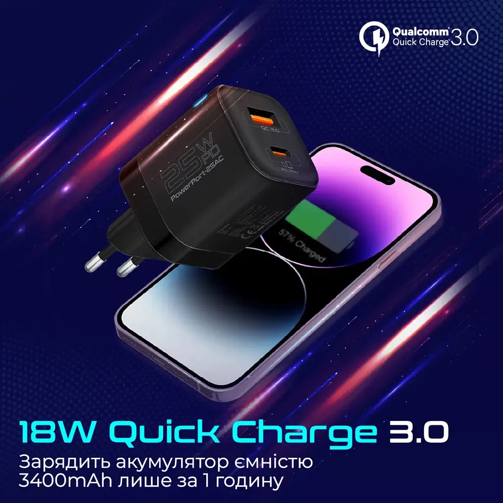 Зарядний пристрій Promate USB-C + USB-A (powerport-25ac.black) - фото 6
