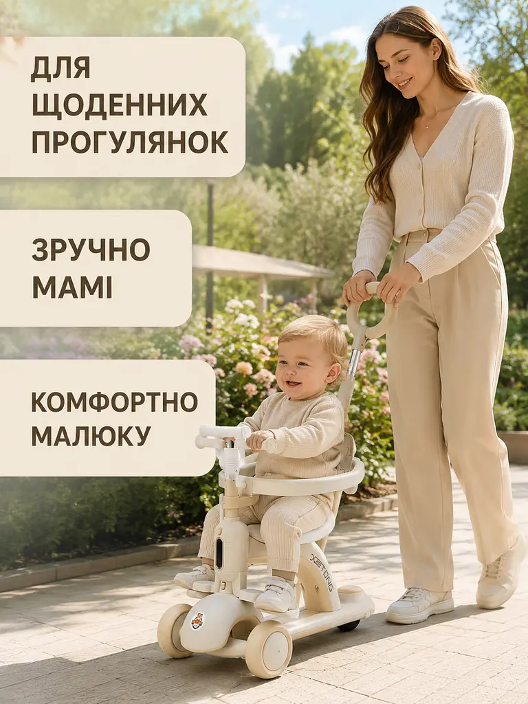 Дитячий самокат-трансформер 5в1 молочний із сидінням і батьківською ручкою (49675954) - фото 4