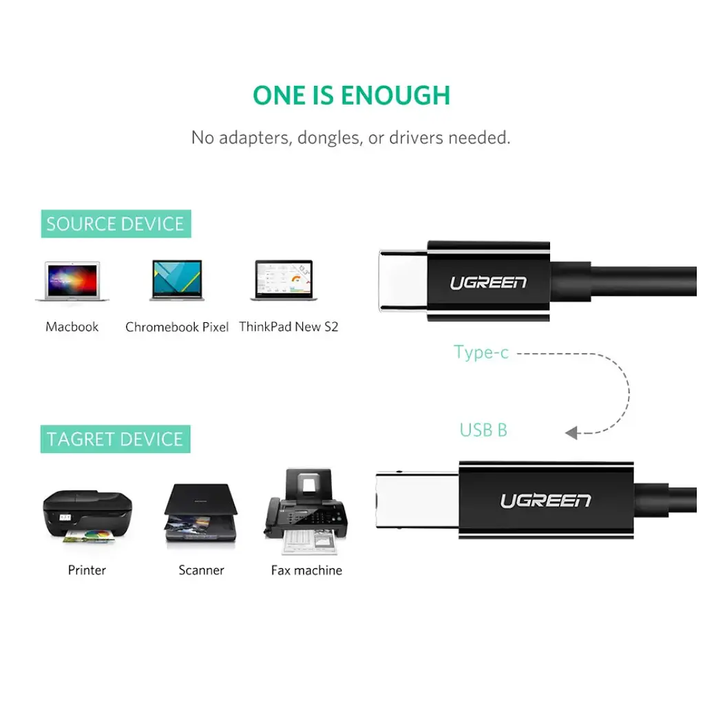 Кабель для принтера USB-C 2.0 to BM 2.0m US241 black Ugreen (50446) - фото 6