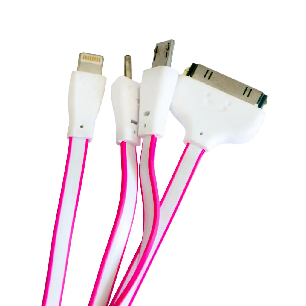Кабель для зарядки телефонов 4 в 1 Flat Розовый Lightning/microUSB/30pin/DC2mm 115 см провод на айфон - фото 4