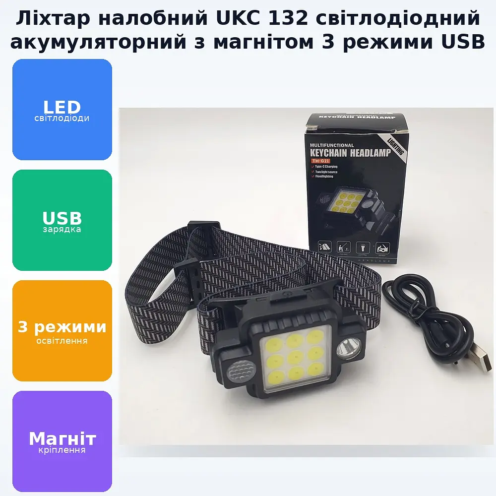 Налобний LED ліхтар на магніті світлодіодний акумуляторний портативний ліхтарик на 3 режими для кемпінгу походів UKC 132 - фото 2