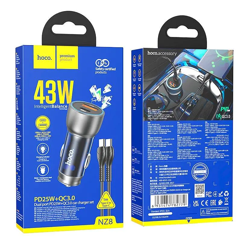 Адаптер автомобільний Hoco Type-C to Type-C cable Sprinter dual port Car charger NZ8 |1USB/1Type-C, QC/PD, 43W/3A| - фото 2