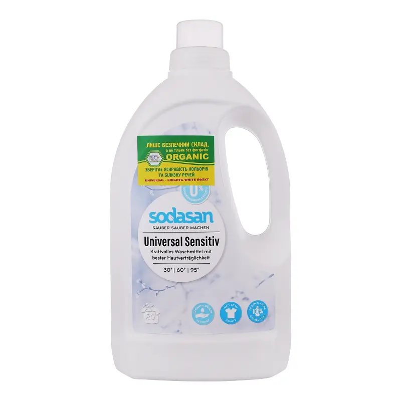 Органічний рідкий засіб Universal Sensitiv для прання білого та кольорового дитячого одягу SODASAN 1,5 л - фото 2
