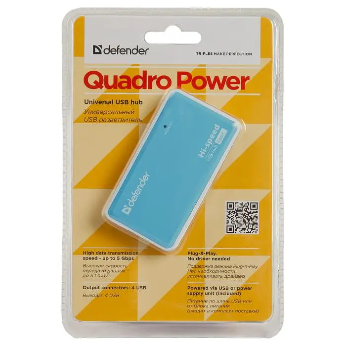 USB-Хаб Defender USB Hub Quadro Power 4-port USB2.0 активний, синьо-білий (83503) - фото 3