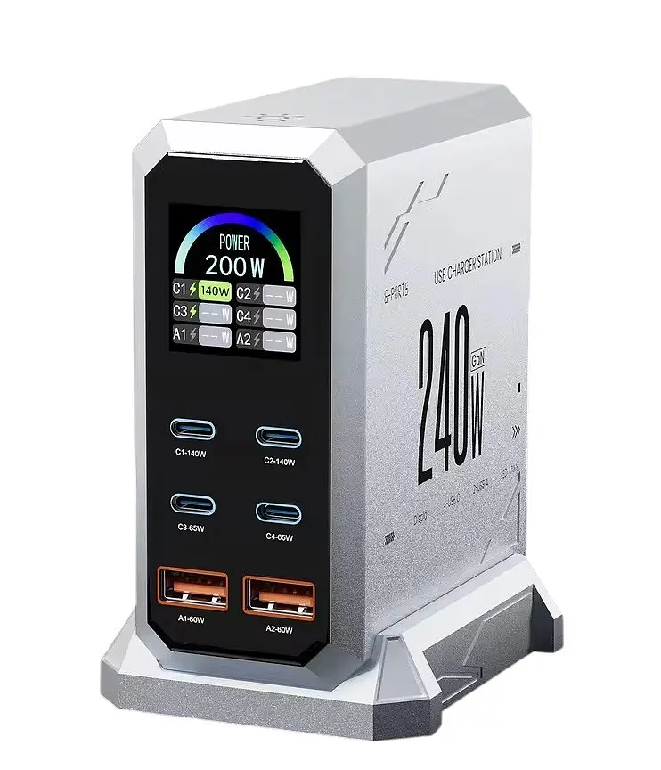 Зарядний адаптер - станція хаб живлення Asometech HW186 6-в-1 GaN 240W USB Type-C 6 портів