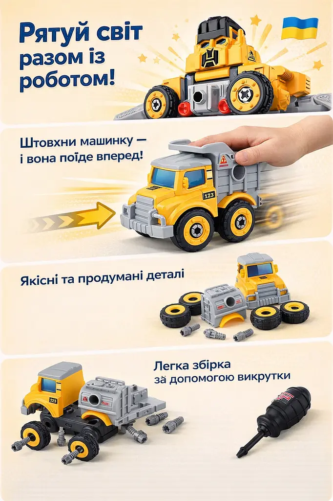 Робот-трансформер з машинок набір будівельної техніки 5 в 1 з викруткою жовтий - фото 4