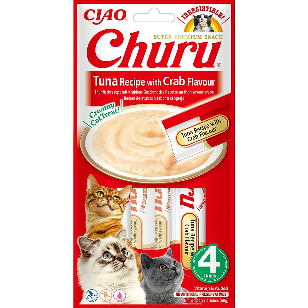 Ласощі для котів INABA Churu, вершковий мус у стіках з тунцем та крабом, 4×14 г