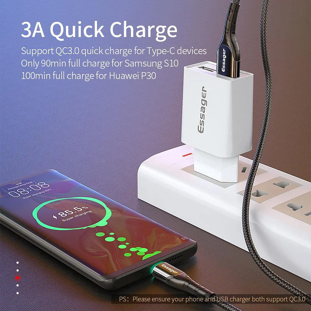 Зарядний кабель Zink чорний з підсвічуванням ESSAGER USB Type-C 3A 1метр - фото 5