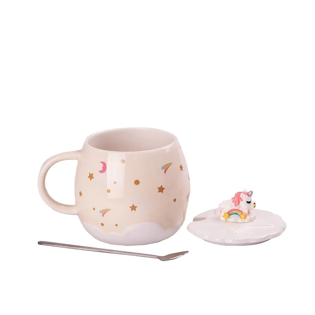 Чашка керамічна Happy Life Rainbow з кришкою та ложкою бежева 400 мл HPCY8278BE - фото 2