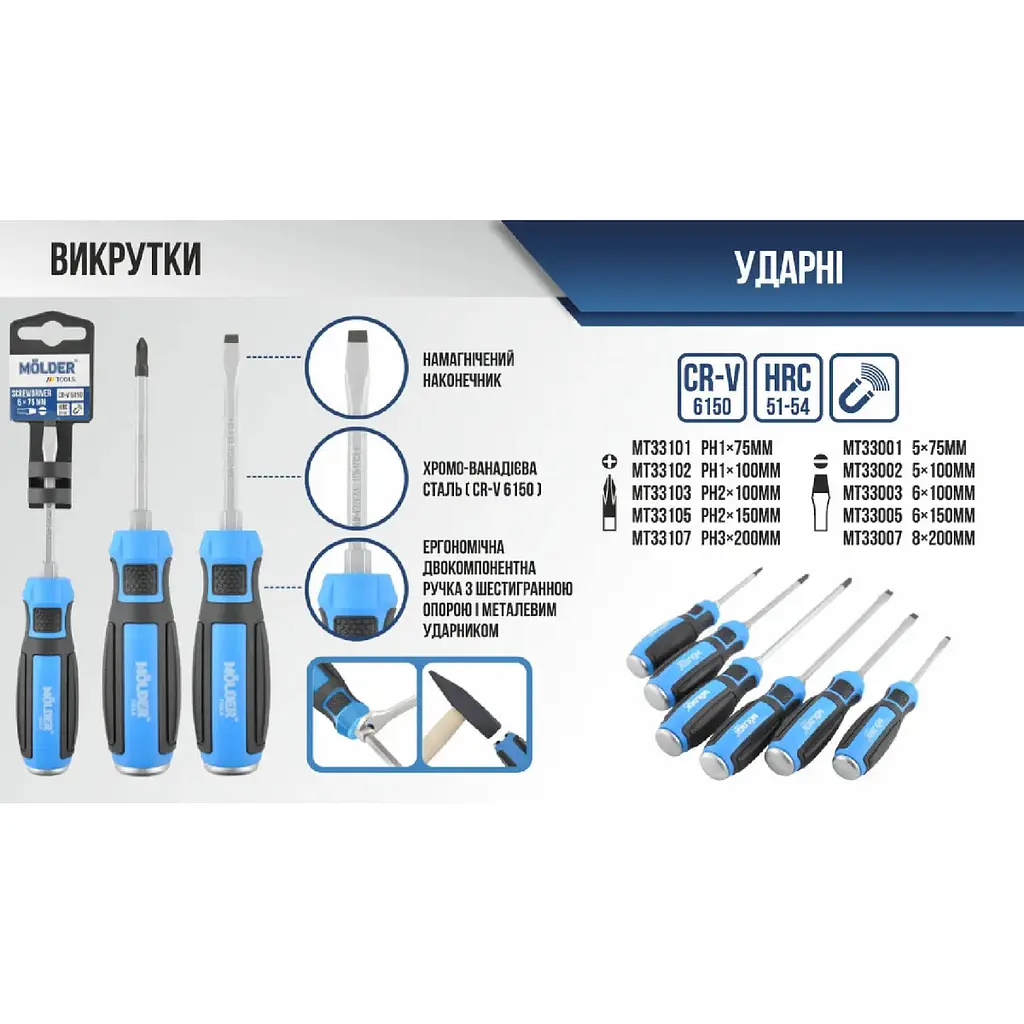 Набір викруток ударних з шестигранною опорою Molder 6 шт намагнічений наконечник двокомпонентна ручка MT33206 - фото 2