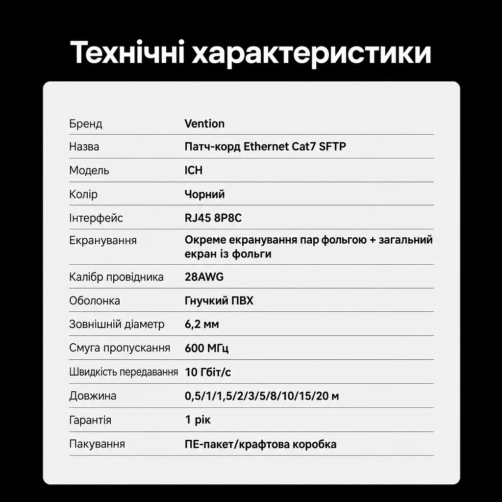 Патч-корд Ethernet Cat7 SFTP Vention 5 м LAN-кабель RJ45 8P8C на обох кінцях до 10 Гбіт/с фольговане екранування кожної пари та загальний фольгований екран гнучка оболонка з ПВХ чорний (ICHBJ) - фото 10