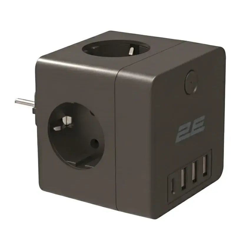 Мережевий адаптер 2E 4xТип F, 16A, 3xUSB-A, 1x USB-C, чорний (2E-AD431BK)