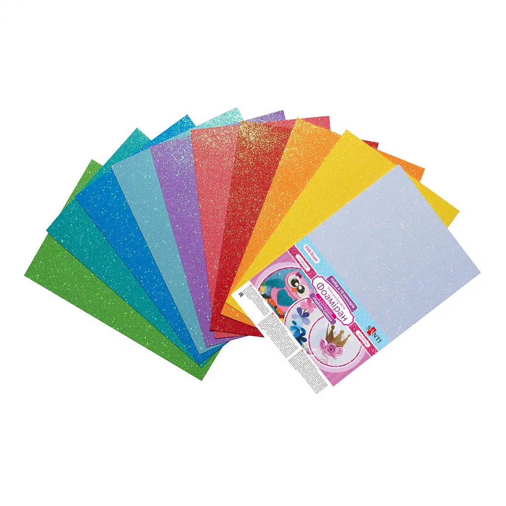 Фоаміран Santi Fashion colours EVA з голографічним гліттером 10 кольорів А4 товщина 1.7 мм (742687)