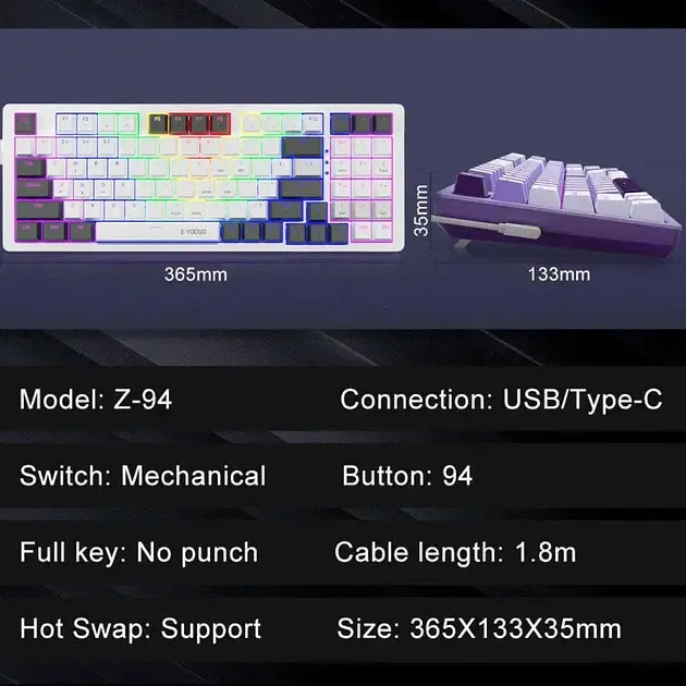 Игровая проводная механическая клавиатура E-YOOSO Z94 / Red Switch / RGB / Hot Swap / White - фото 3
