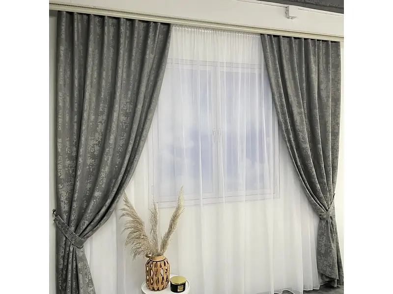 Мармурові жакардові штори темно-сірого кольору 2шт. 150х270 з білим шифоновим тюлем 400х270, на тасьмі ALBO pbe0052669 - фото 7