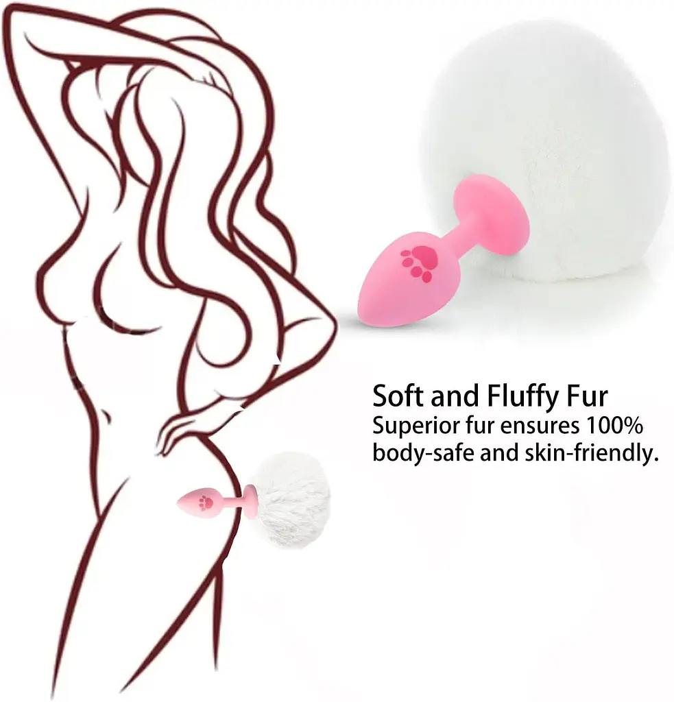 Силіконова анальна пробка з пухнастим хвостом кролика та принтом лапки 2.8 см Біла - фото 4