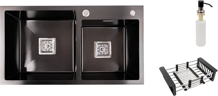 Кухонна мийка Platinum Handmade PVD HDB з нержавіючої сталі 3.0 мм квадратний сифон 78x43x23 см чорна - фото 2
