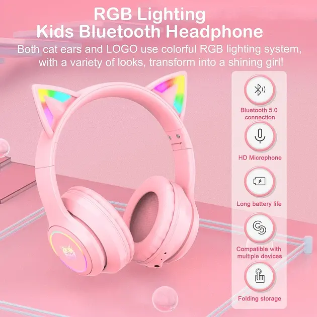 Беспроводные игровые наушники с кошачьими ушками Onikuma B90 RGB гарнитура с микрофоном Pink (19117) - фото 7