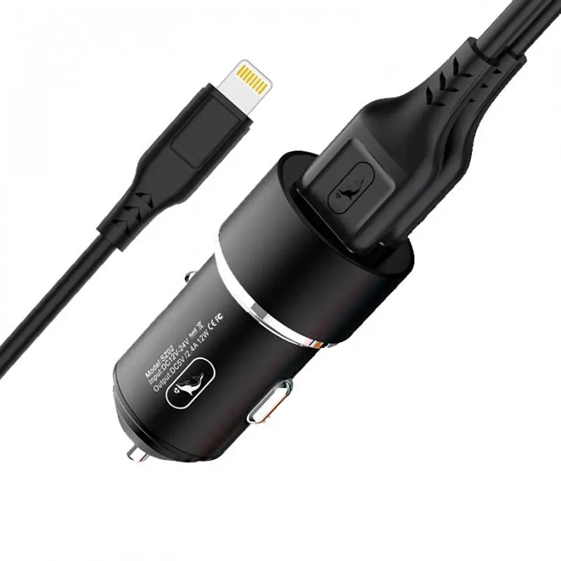 Автомобільний зарядний пристрій SkyDolphin SZ02L Aluminium (2USB, 2.4A) Black + кабель Lightning (AZP-000071) - фото 5