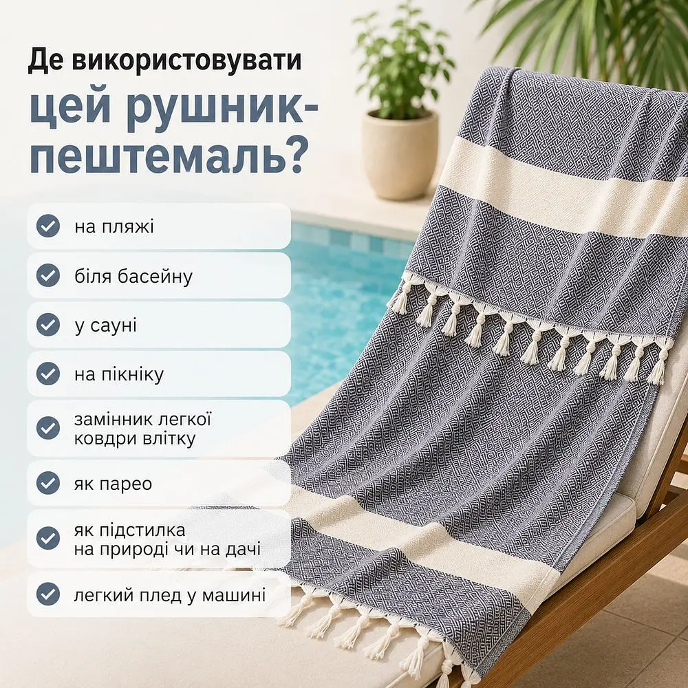 Рушник пештемаль Turkey Towel 100х180 см легкий великий для пляжу басейну бані сауни підстилка на дачу пікнік природу відпустку море ромб темно-блакитний - фото 3