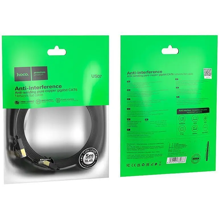 Патч-корд Hoco US07 General Cat 6 U/UTP Pure Copper Flat Network Cable 5m Black (780706) [149274] - фото 6