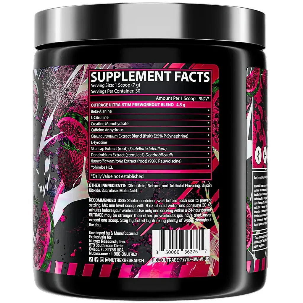Передтренувальний комплекс Nutrex Research Outrage High‑Stim Pre‑Workout Strawberry Watermelon 30 порцій - фото 2