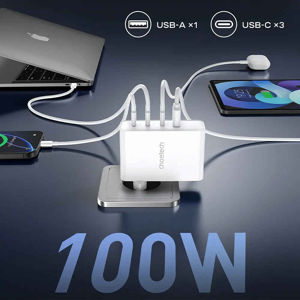 Сетевое зарядное устройство Choetech PD9002 PD100W GAN USB-A+3xUSB-C White (43-00172) - фото 5