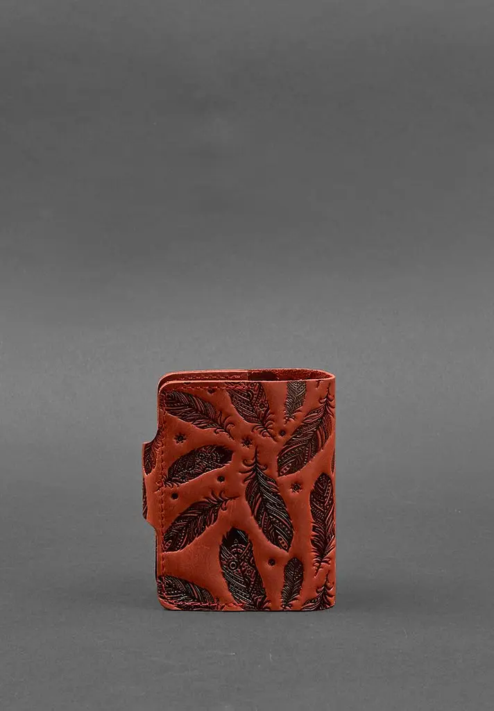 Кожаный кард-кейс 7.1 (Книжечка) коралловый с перьями Crazy Horse - фото 5