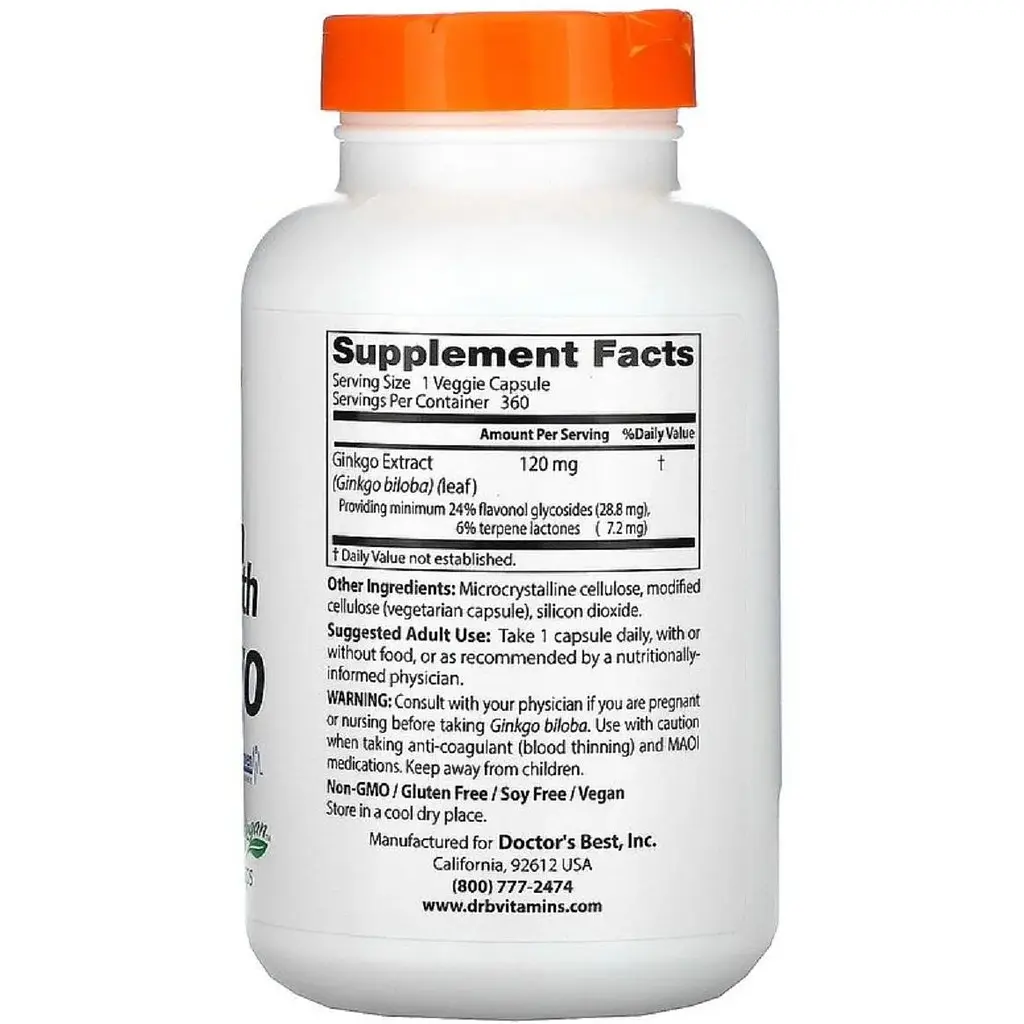 Супер сильний екстракт Гінкго Doctor's Best Ginkgo Extra Stength Profile Proven 120 мг 360 вегетаріанських капсул - фото 2