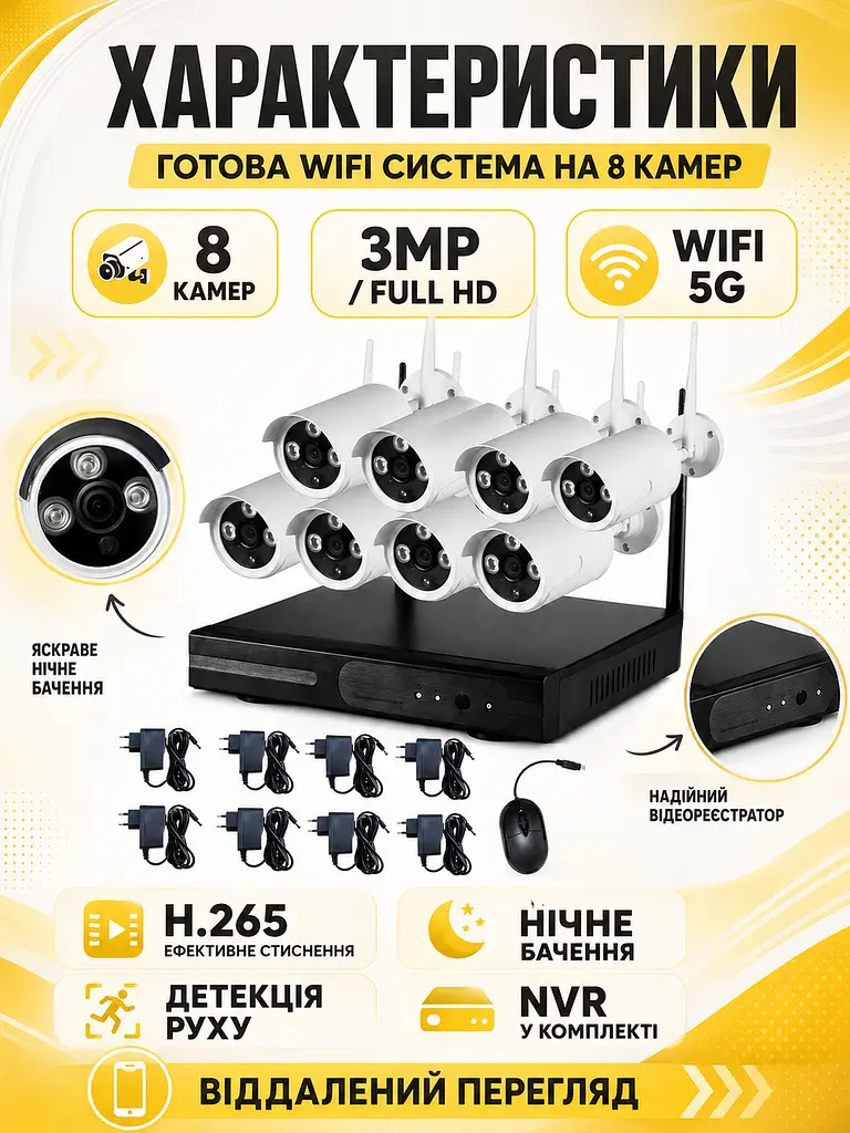 Комплект відеоспостереження WiFi Kit 5G на 8 камер 1080p з NVR в дім, офіс (49675976) - фото 3