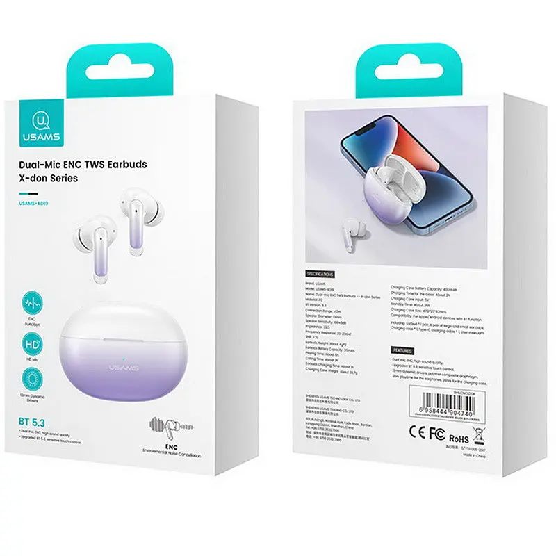 Беспроводные TWS наушники Usams-XD19 X-don Series ENC BT 5.3 Gradient Purple - фото 3