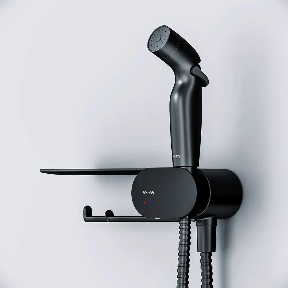 Гигиенический душ скрытого монтажа Am.Pm Like с полкой black matt F0202622, Черный матовый - фото 5
