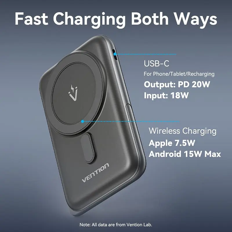 Універсальна мобільна батарея Vention Magnetic Wireless 10000mAh 20W PD USB-C In/Out, QI-15W Чорний - фото 8