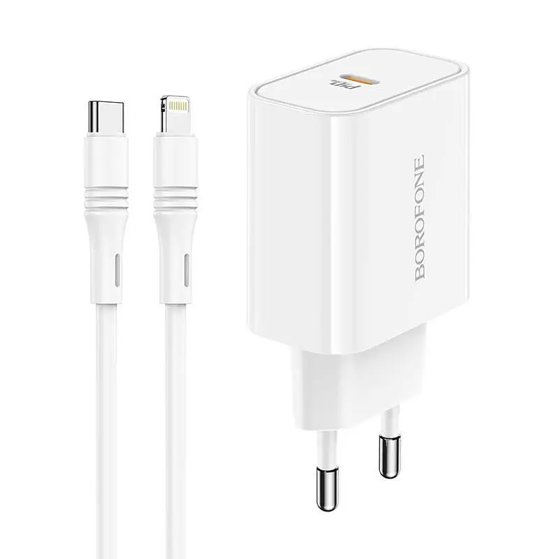 Зарядний - Адаптер мережевий BOROFONE Type-C to Lightning cable Easy Speed single port charger BA57A набір білий - фото 2
