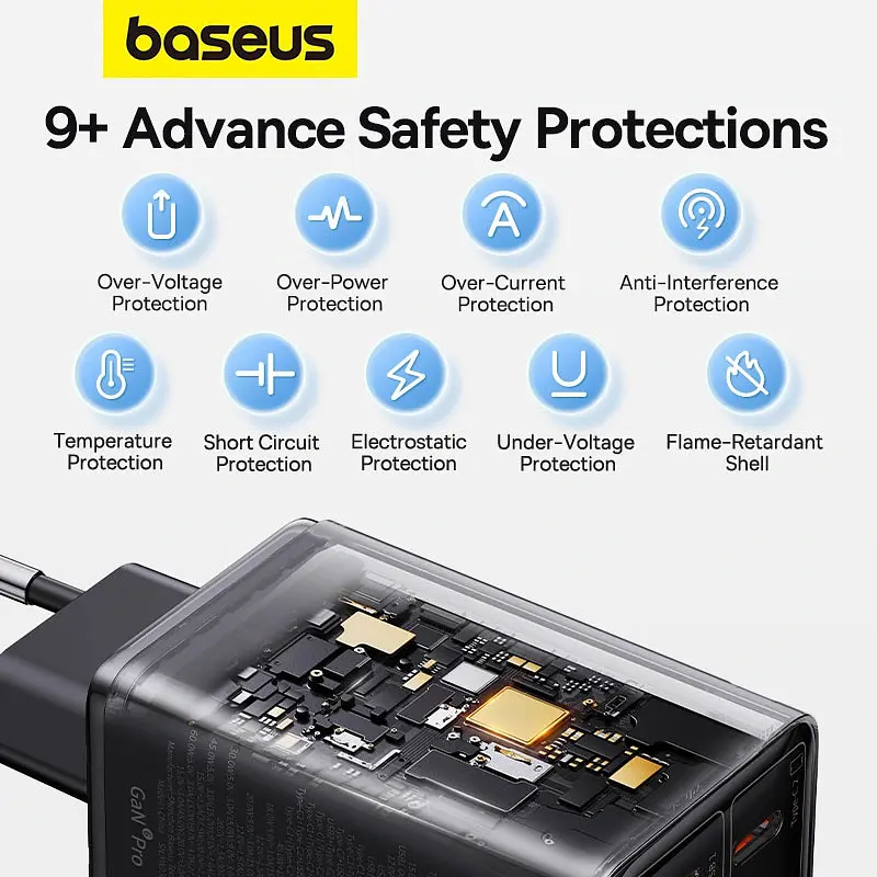 МЗП Baseus GaN6 Pro OS 65W (2USB-A/2C) + кабель Type-C to Type-C (P10162701) Black - фото 7