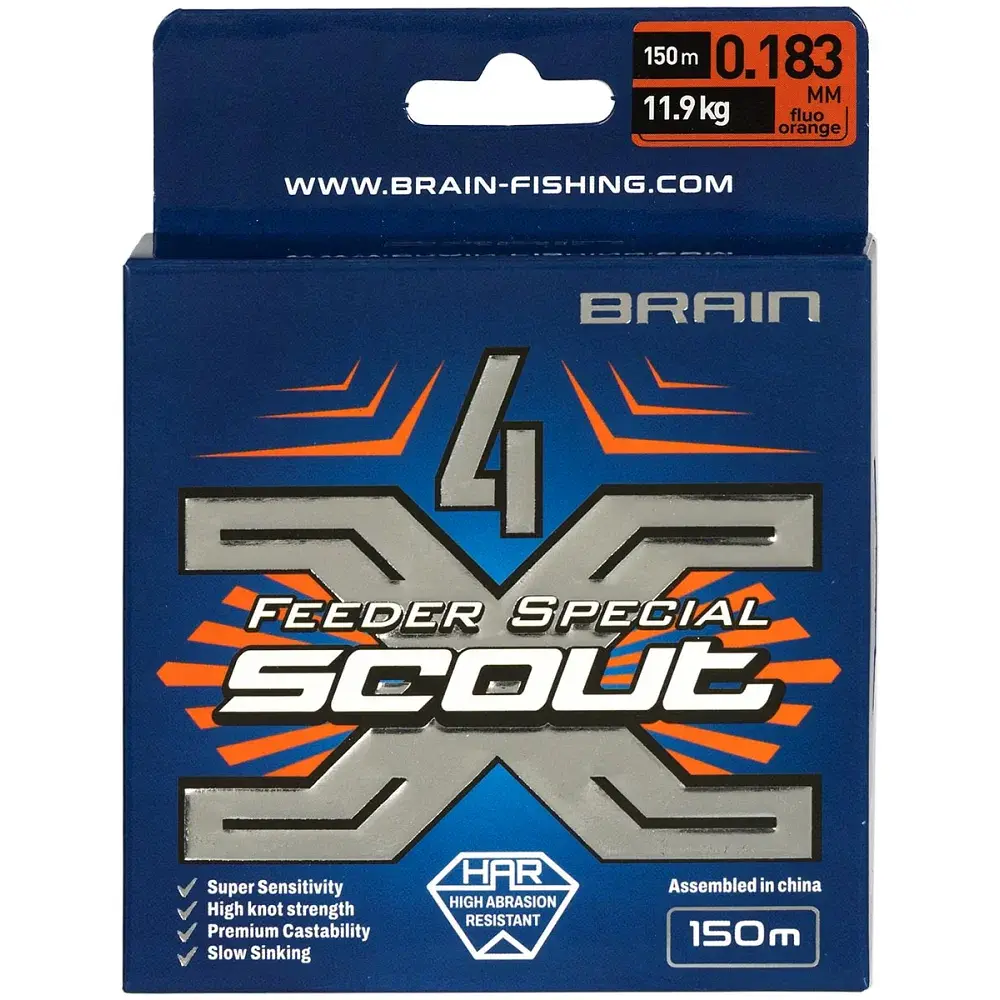 Шнур Brain Scout 4X 150 м (fluoro Orange) 0.183 мм 11.9 кг - фото 2