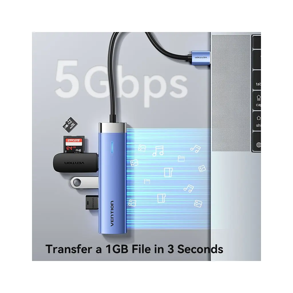 Концентратор Vention USB 3.0 to USB 3.0x3/RJ45/Type-C Hub Blue Aluminum Alloy 5-in-1 (TGFSB) - фото 5