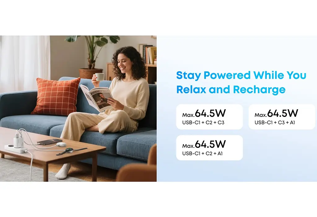 Зарядний пристрій Anker A121-CG11 GAN Charger 70 W, 3xUSB-C, 1xUSB-A, Black - фото 11