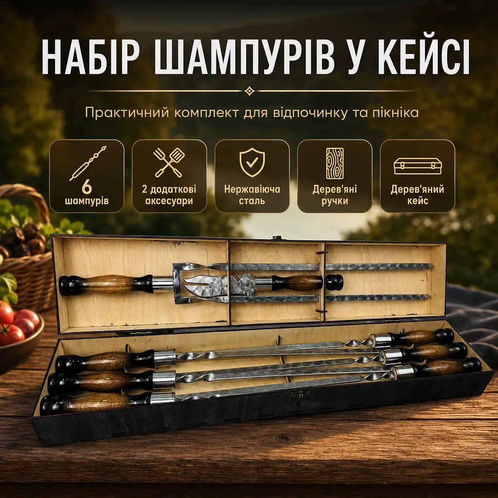 Набір шампурів у кейсі з подвійним шампуром та виделкою, 6 шт, нержавіюча сталь 3 мм - фото 2
