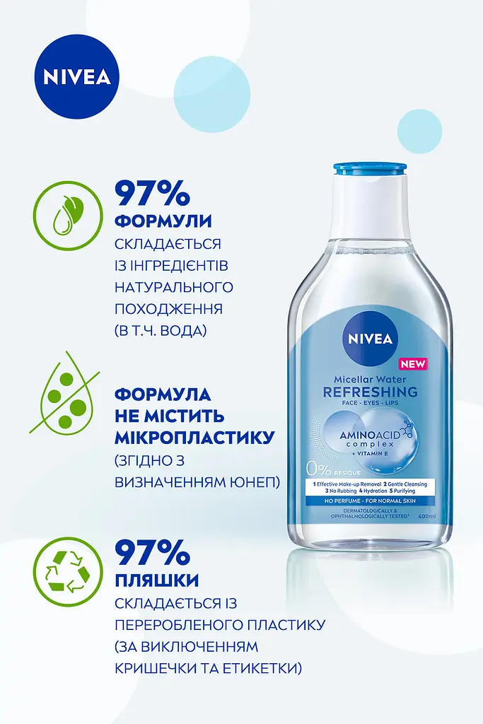 Міцелярна вода NIVEA Освіжаюча для нормальної шкіри обличчя очей та губ 400 мл - фото 4