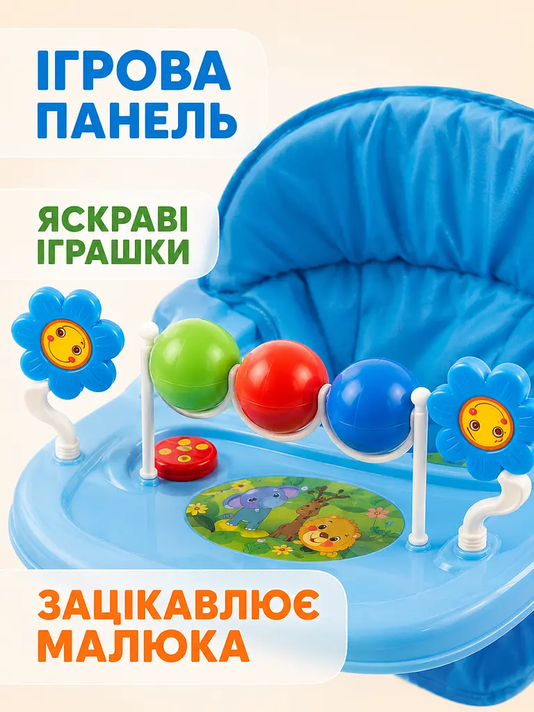 Дитячі ходунки з ігровою панеллю, ручкою та козирком блакитні (49676181) - фото 5