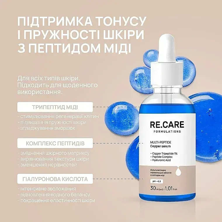 Мультипептидна сироватка для обличчя з пептидом Re.Care Cu-MIDi Multi Peptide Copper Serum, 30 мл - фото 4
