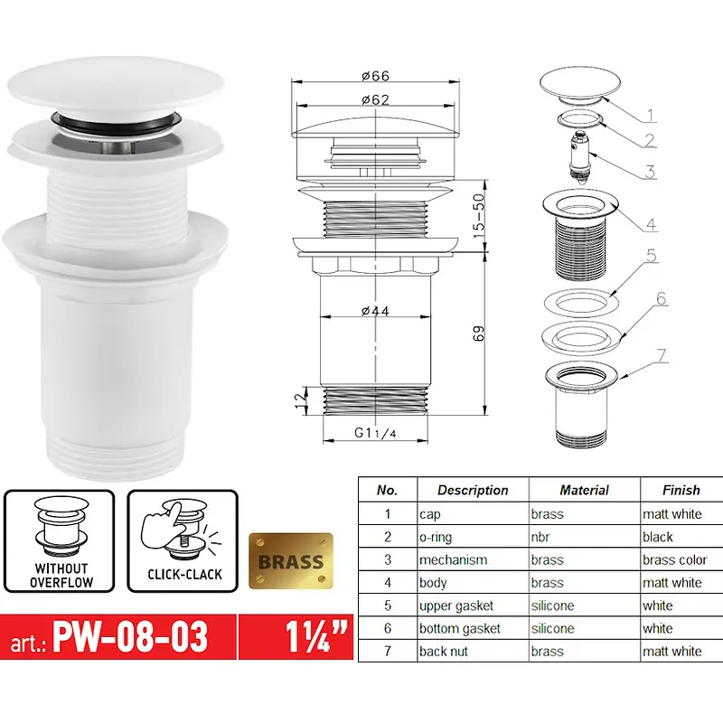 Донний клапан для раковини Koer PW-08-03 без переливу автоматичний Click-Clack 1 1/4″ Білий KR5787 - фото 12