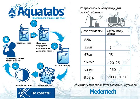 Таблетка для дезінфекції питної води Aquatabs Акватабс - фото 3