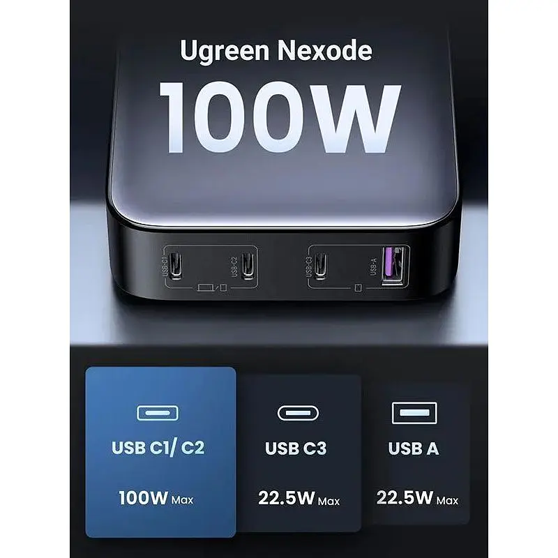 Зарядний пристрій 4xUSB 100W (3хUSB-C+USB-A) Gan Nexode чорний CD328 Ugreen Desktop Fast Charger (90928) - фото 2