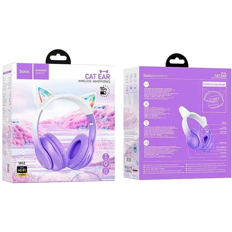 Світяться LED Bluetooth навушники Hoco w42 cat ear фіолетові - фото 2