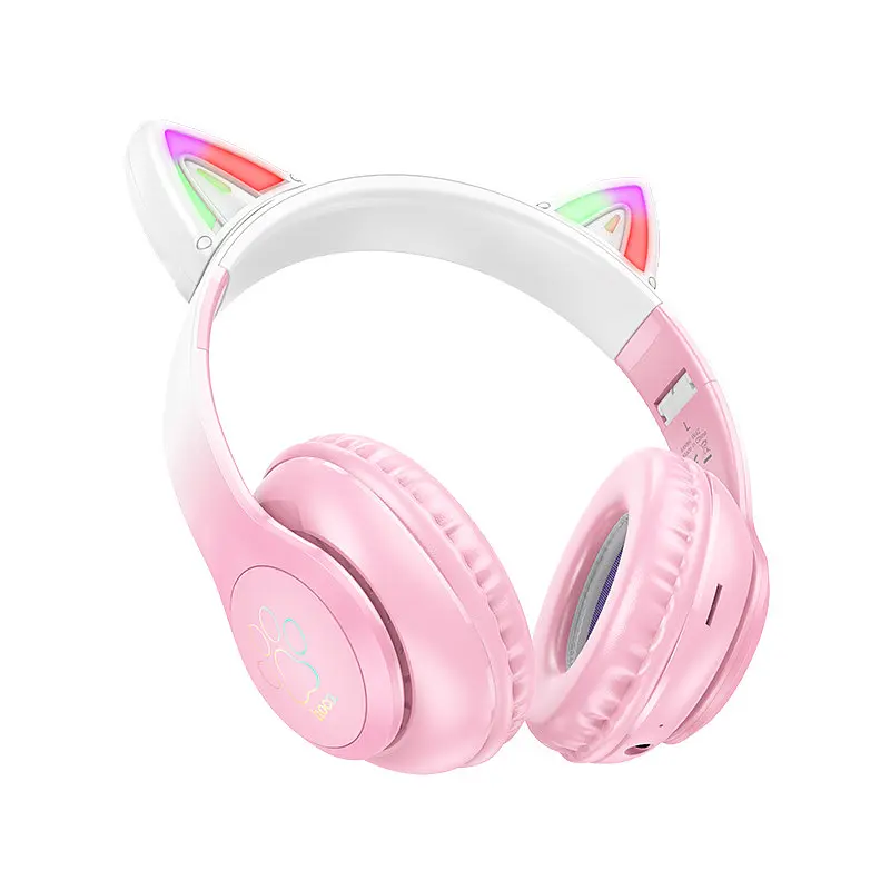 Беспроводные полноразмерные наушники Hoco W42 Cat Ear с подсветкой, BT5.3, AUX, TF, 400mAh, 10h, розовые - фото 2