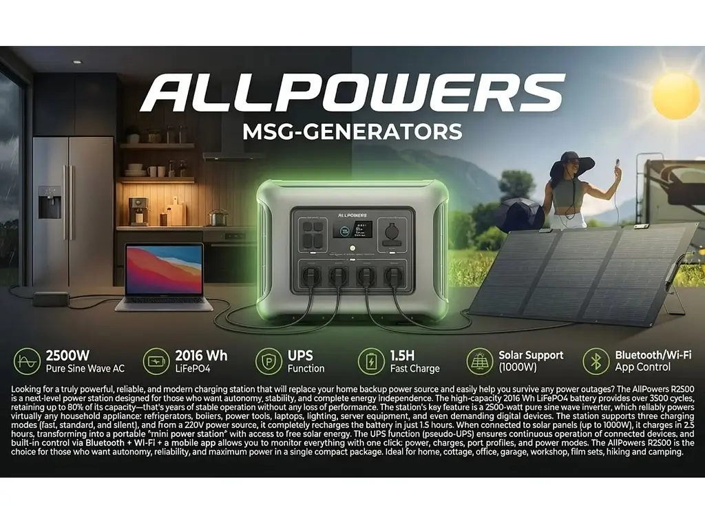 Портативна зарядна станція ALLPOWERS R-2500 2500W 2016Wh LiFePO4, APP Control, Wi-Fi, Bluetooth, MPPT 1000w Max - фото 8